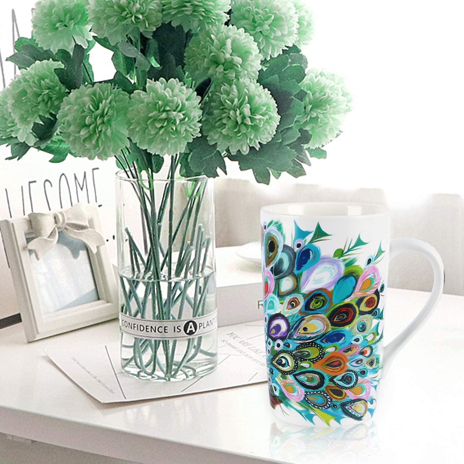 NymphFable Peacock Ceramic Mug 18oz Large Coffee Cup with Handle Personalized Baking Pattern Tea Cup